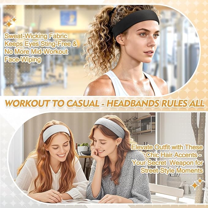 Headbands for Women and Men - 8 Pcs Black White Headband Hair Bands Accessory Stretchy Soft Fabric Sweat Head band for Workout Sport Stocking Stuffers for Men Women Husband Wife Friend Christmas Gifts