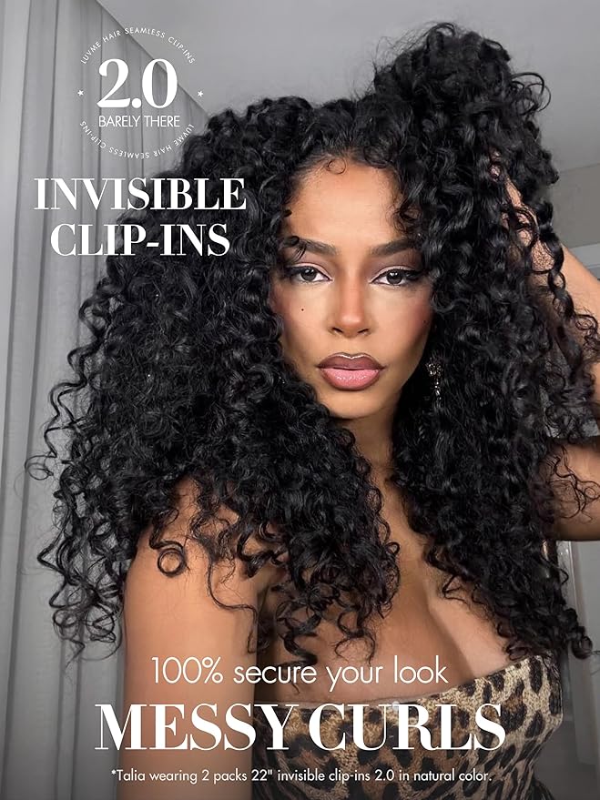 LUVME Invisible Clip in Hair Extensions Messy Curly Real Human Hair, Remy Hair Clip ins for Women, Natural Human Hair, 20 inch 110g 6pcs, Natural Black