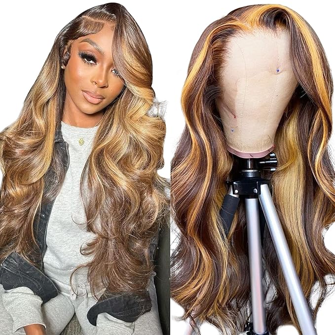 Highlight Ombre Lace Front Wig Human Hair Pre Plucked 13x4 HD Transparent 4/27 Colored Honey Blonde Lace Frontal Wigs For Women with Baby Hair 200% Density Body Wave Lace Front Wig 20 Inch