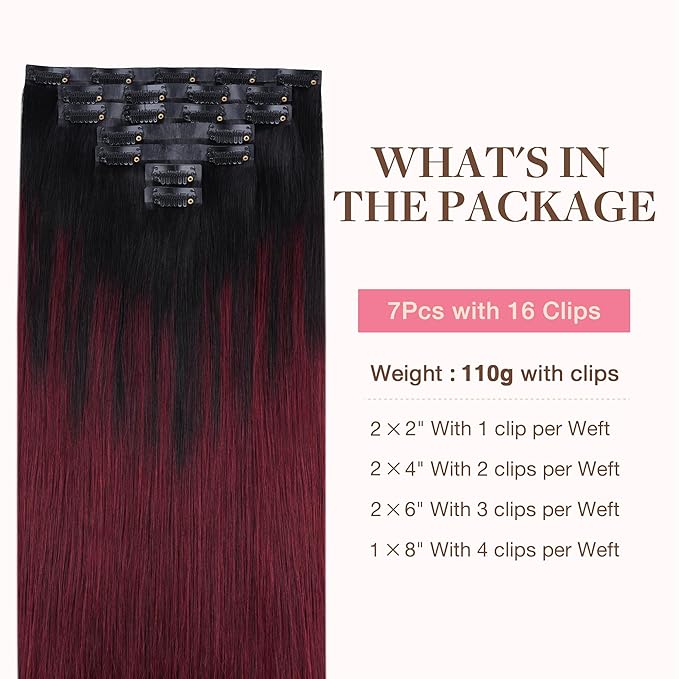 GOO GOO Clip in Hair Extensions Real Human Hair, Remy Human Hair Extensions Clip ins for Women, Natural Human Hair, 16inch 130g 7 Pcs, #1/99j Balayage Jet Black to Red Seamless Blend