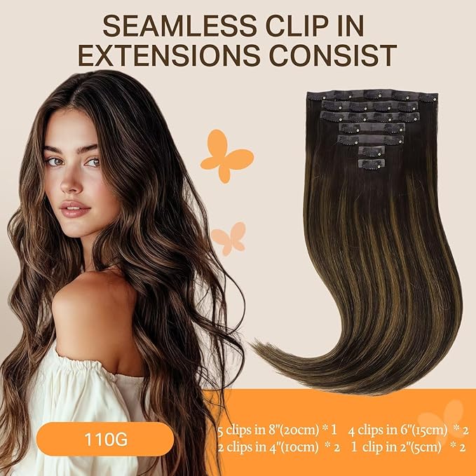 DOORES Seamless Clip-In Hair Extensions, Real Human Hair, Dark Brown to Chestnut Brown, 18 Inch, 7pcs, 110g, Straight, Invisi Edge