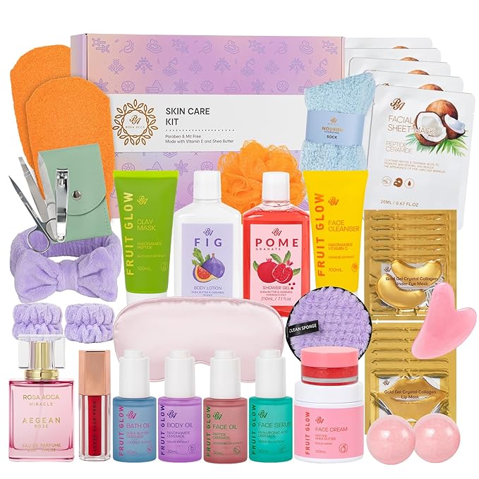 42 Pcs Christmas Gifts for Women, Super Fruit Bath and Body Gifts, Facial Skin Care Kit, Self-Care Gifts, Home Spa Set, Lip Gloss, Shower Gel, Face Sheet Mask, Serum, Birthday,Valentines, Present