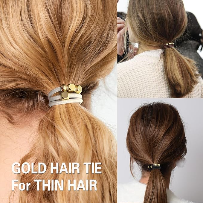 Blonde Bracelet Hair Ties for Women, 5 Pack Cute 3mm Thick Elastic Ponytail Holders Accessories No Damage Stretchy Beaded Pony Tails Hair Ties with Gold Metal Charms Beads
