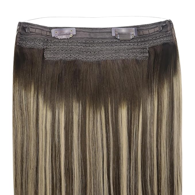 YoungSee 130G Wire Human Hair Extensions Brown Balayage Invisible Wire Hair Extensions Ombre Dark Brown with Ash Blonde Thick Human Hair Fish Line Extensions for Women 20Inch