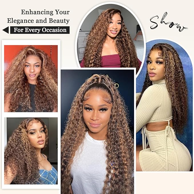 Honey Blonde Human Hair Wigs 13x6 HD Highlight Ombre Deep Wave Lace Front Wigs Human Hair 180 Density Glueless Deep Wave 4/27 Colored Wet and Wavy Curly Wig Pre Plucked for Women 22 Inch