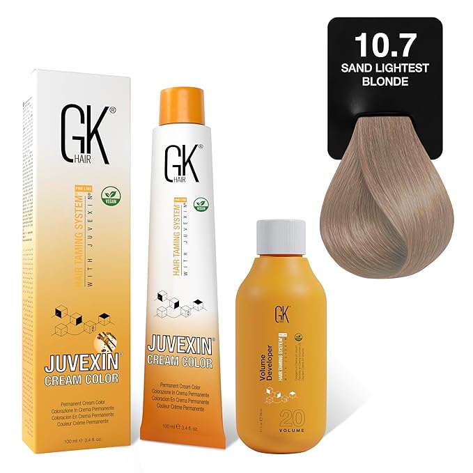 GK HAIR Global Keratin Sand 10.7 Lightest Blonde Hair Color Cream Tube (3.4 Fl Oz/100ml) + 20 Volume Developer (5 Fl Oz/150ml) - Professional Permanent Long Lasting Toner Dye