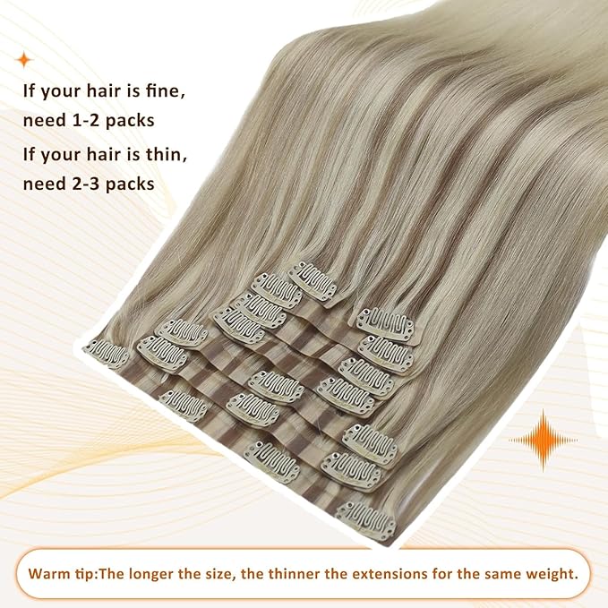 Full Shine Human Hair Clip in Extensions Blonde Clip in Hair Extensions Mix Ash Blonde 20 Inch Invisible Hair Extension PU Weft for Women Full Head 8 PCS 120 G