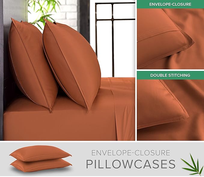 Queen Pillowcases by Pure Bamboo, Genuine 100% Organic Viscose Derived from Bamboo, Luxuriously Soft & Cooling, Double Stitching, Envelope Closure (2 Queen Pillowcases, Terracotta)