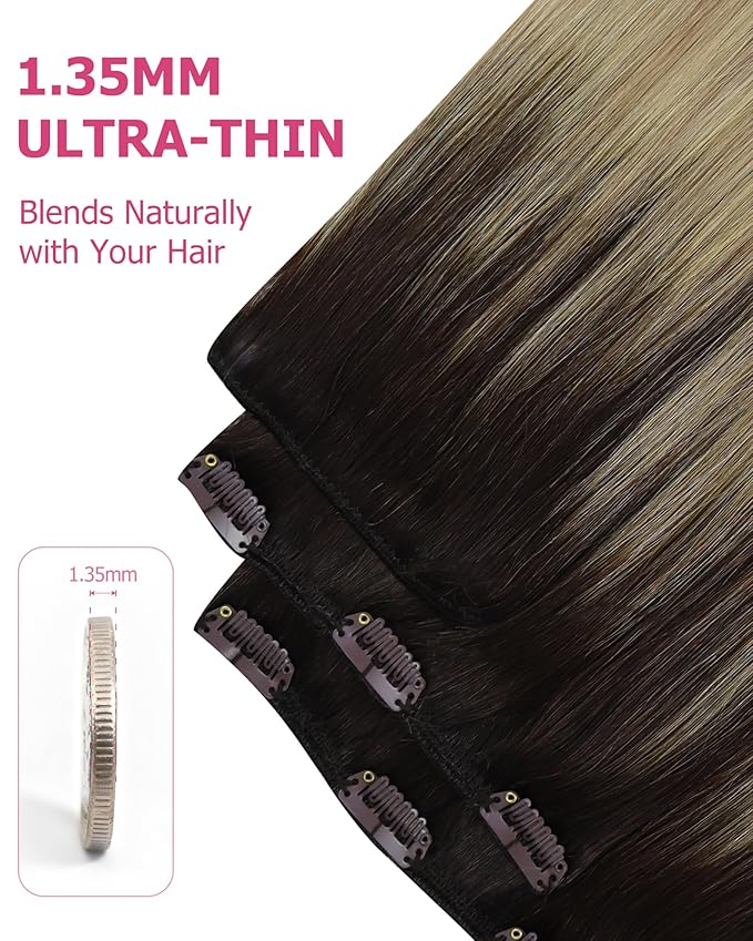 YoungSee Hair Extensions Clip ins Brown Ombre Clip in Hair Extensions Real Human Hair Medium Brown Ombre Golden Blonde Mix Platinum Blonde Clip in Extensions Straight Hair for Women 16Inch 120G