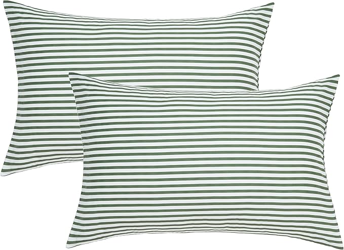 JELLYMONI 100% Natural Cotton Striped King Pillowcases Set, 2 Pack White and Green Stripes Pattern Printed Pillow Covers with Envelope Closure(Pillows are not Included)