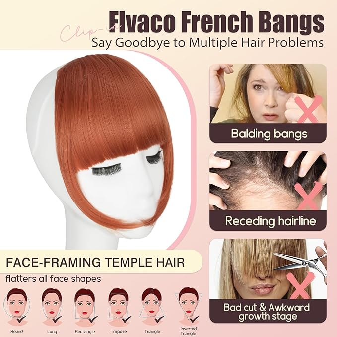 Clip in Bangs, Synthetic French Bangs Hair Clip, Copper Red Fake Bangs Fringe with Temples Hairpieces for Women Natural Curved Hair Extensions for Daily Wear