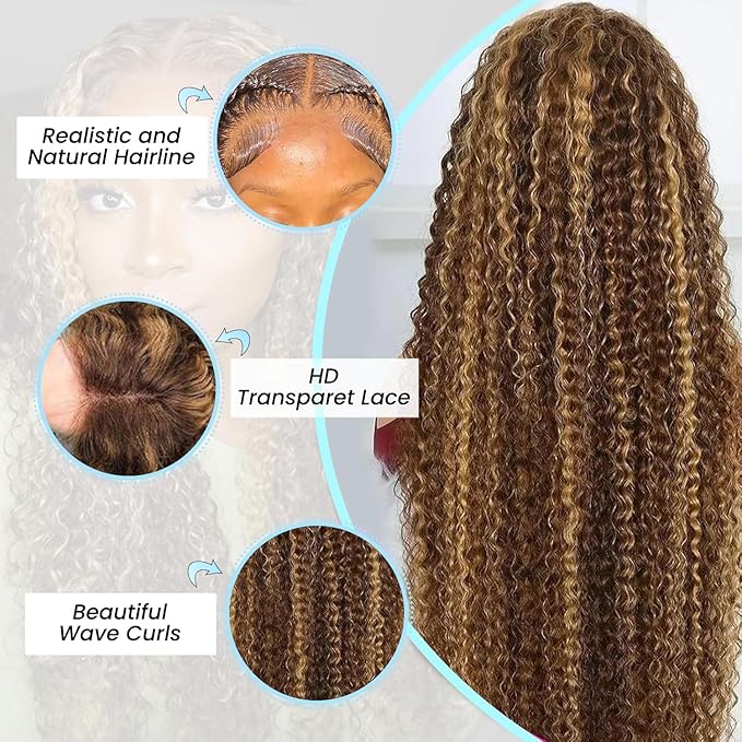 Highlight Ombre 13x6 Lace Front Wig Human Hair 210 Density 12 Inch Deep Wave Honey Blonde Glueless HD Transparent Lace Frontal Wigs for Women