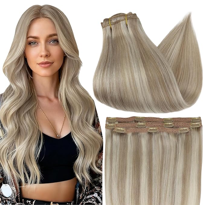 Full Shine Blonde Clip in Hair Extensions Highlights Light Blonde Real Human Hair 16 Inch Invisible Human Hair Clip ins for Women Natural Hair Add Volume 60 Grams 3Pcs