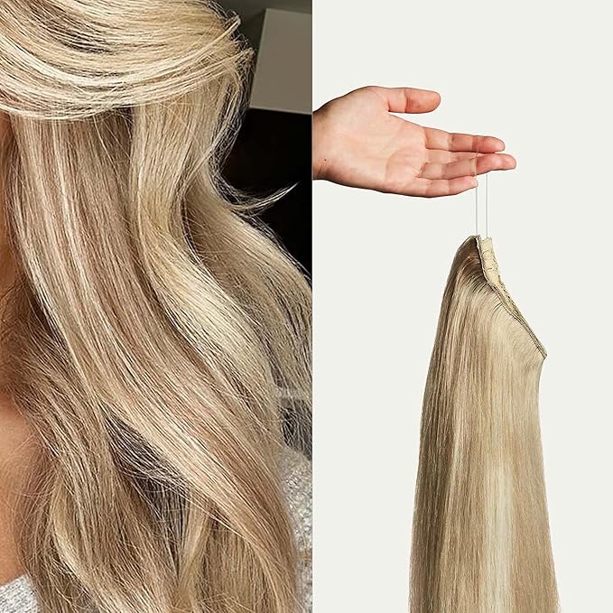 Luxy 100% Remy Human Hair – Halo Clip-In Hair Extensions –Natural Looking Volume & Length - One-Piece - Easy 5-Min Application 140 grams 16" Dimensional Cream Blonde