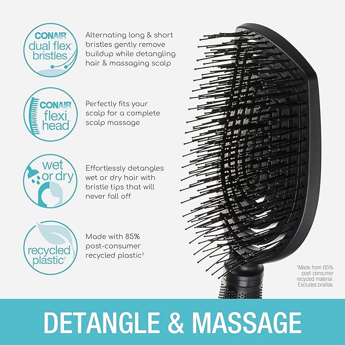 Conair Scalp Care Detangling hairbrush - Curly Hair Brush - Scalp Massager - hairbrushes for women & men - detangler for all lengths and types - can use wet or dry - Black Onyx