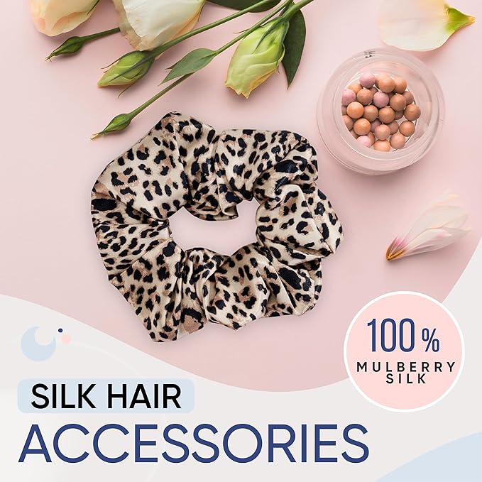 Blissy Silk Scrunchies (3 Pack) - 100% Pure Mulberry Silk - 22 Momme 6A High-Grade Fibers Scrunchie for Straight & Curly Hair (Leopard, Skinny)