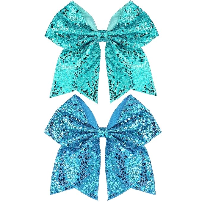 Large Big 7 Inch Glitter Bow Clip Sequin Bling Party Hair Accessories for Women Teens Girls Kids 2 Pcs (PeacockGreen, Blue)