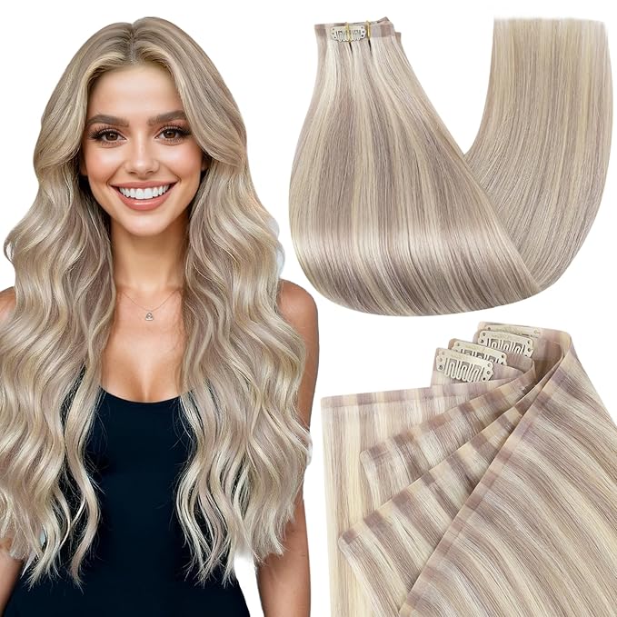 Full Shine Clip in Hair Extensions 24 inch 160g 8Pcs Seamless Clip in Hair Extensions Ash Blonde Mix Platinum Blonde Remy Hair Clip ins for Women