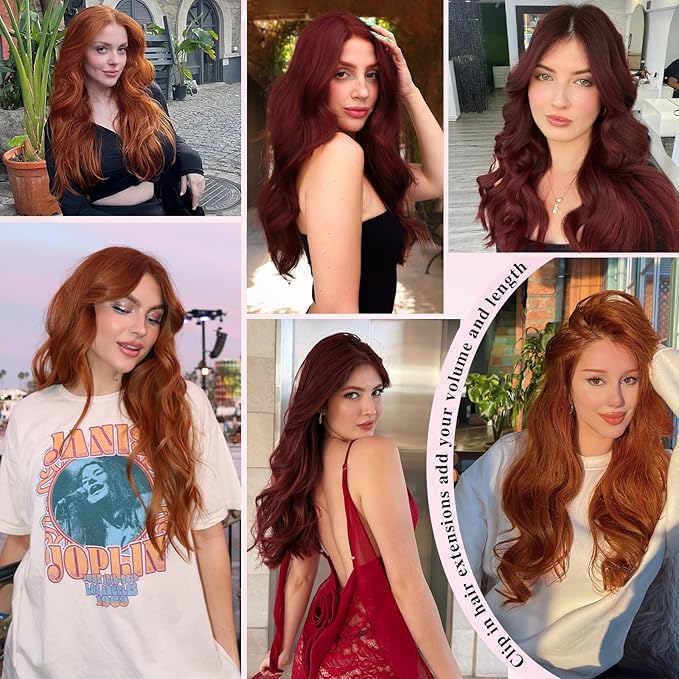 Hair Extensions Clip Ins, 16 Inch 8PCS Red Curly Clip in Hair Extensions Wavy, Synthetic Hairpieces for Women, Invisible Lace Weft Hair Extension