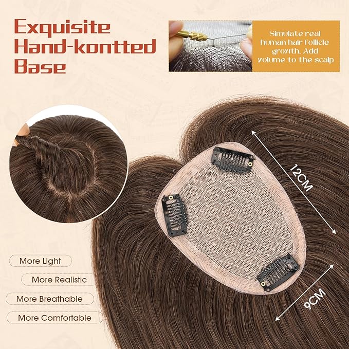 Rich Choices Human Hair Toppers for Women-100% Real Remy Hair Topper No Bang-Upgraded 150% Density 9 * 12CM Lace Base-Clip in Hairs Topper for Thinning Hairs-14Inch #2R Chocolate Brown