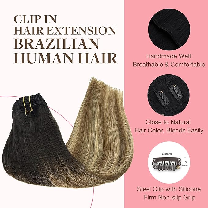 GOO GOO Clip in Hair Extensions Real Human Hair, Remy Human Hair Extensions Clip ins for Women, Natural Human Hair, 14inch 120g 7Pcs, 2/6/18 Balayage Brown to Dirty Blonde