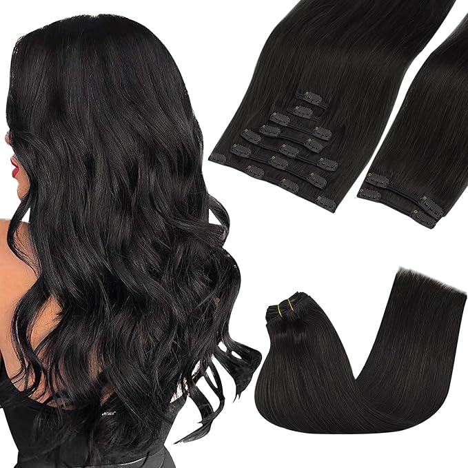 GOO GOO Clip in Hair Extensions Real Human Hair, Remy Human Hair Extensions Clip ins for Women, Natural Human Hair, 24inch 240g 9Pcs, #1B Natural Black