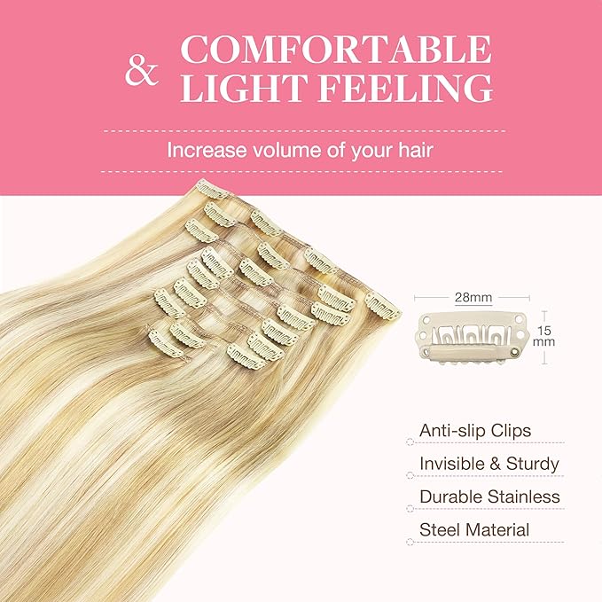 GOO GOO Clip in Hair Extensions Real Human Hair, Remy Human Hair Extensions Clip ins for Women, Natural Human Hair, 24inch 150g 9Pcs, #18D/22F Dirty Blonde Highlights