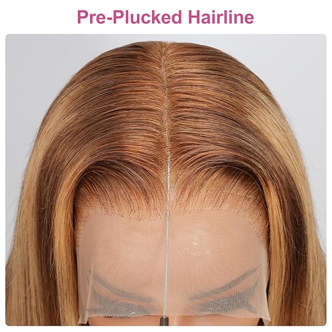 210% Density 13x6 Highlight Ombre Full Lace Frontal Wigs Human Hair 12A Body Wave Brazilian Human Hair Pre Plucked 4/27 Honey Blonde HD Glueless Transparent Lace with Baby Hair 28 Inch