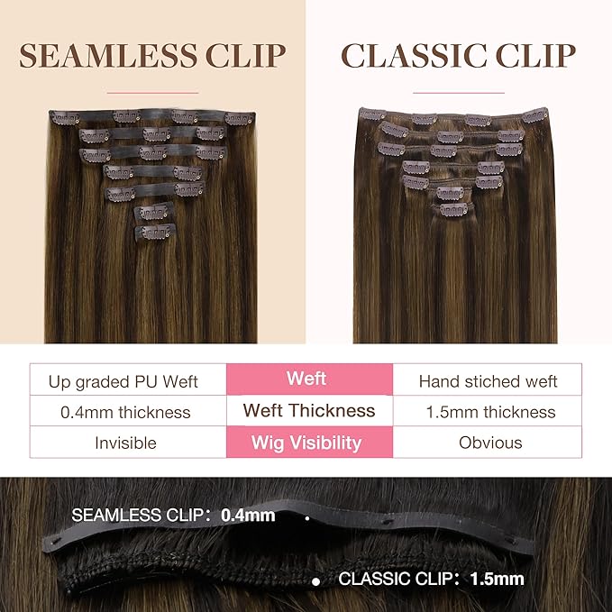 GOO GOO Clip in Hair Extensions Real Human Hair, Remy Human Hair Extensions Clip ins for Women, Natural Human Hair, 24inch 160g 7Pcs, 2C/4E/6C Brown Sugar Swirl Highlights