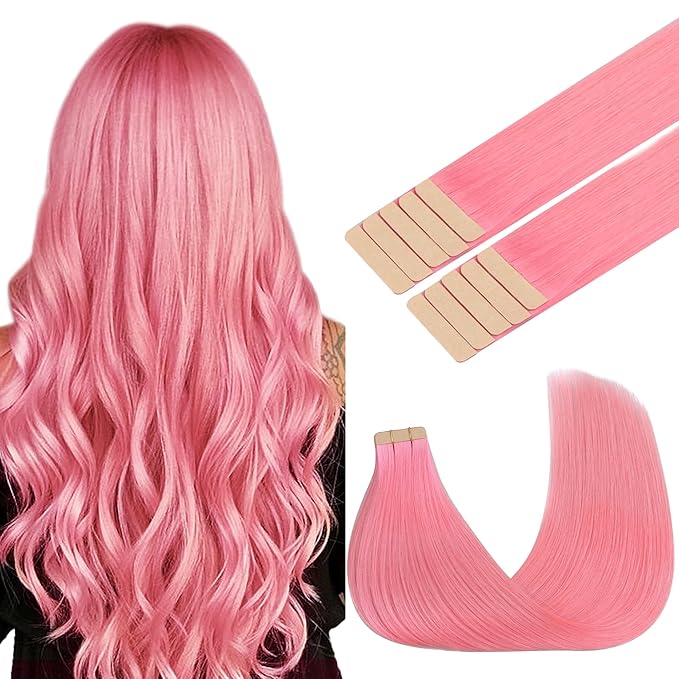 GOO GOO Tape in Hair Extensions Human Hair, Peach Pink, 18inch 25g 10pcs, Colored Tape ins Human Hair Extensions, Silky&Soft Invisible Tape Ins, Hair Highlighted for Party