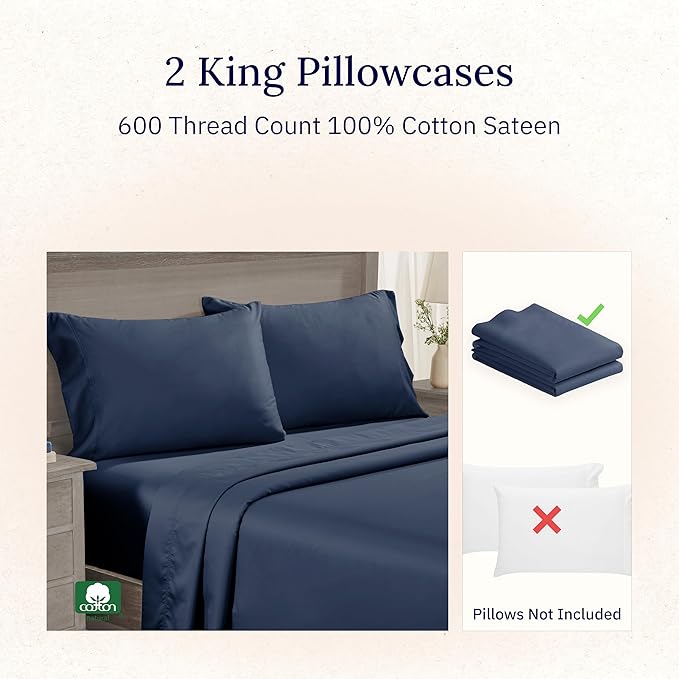 CALIFORNIA DESIGN DEN Luxuriously Soft Hotel Quality 600 Thread Count, 100% Cotton Set of 2 Cases, Crisp & Cool Pillow Cases King Size, Set of 2, Fits King Pillows (Dark Blue)