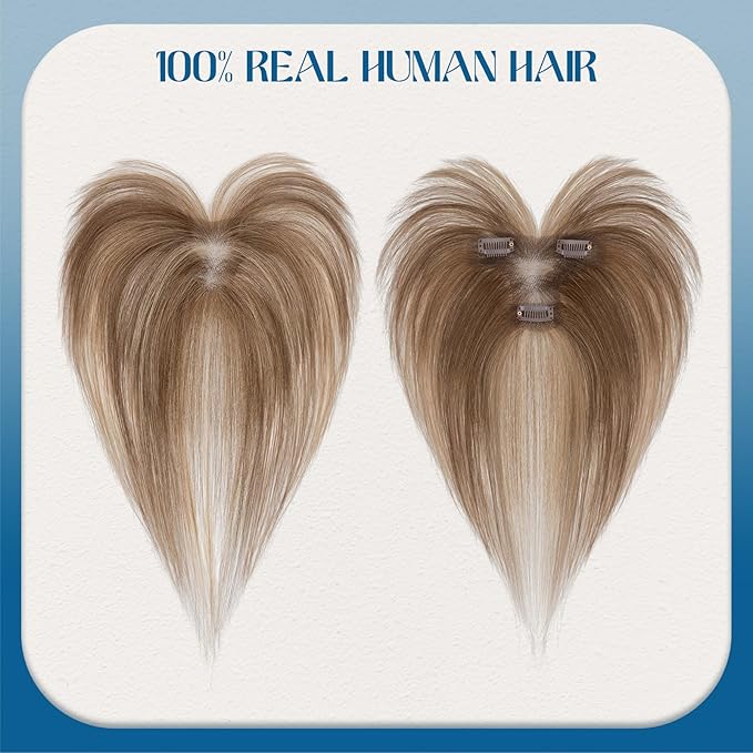 Hair Topper Human Hair Curtain Air Bangs Topper for Women, T-part Lace Base Real Human Hair Topper Hair Piece for Daily Wear(Air Bangs,Medium Brown & Dark Blonde)