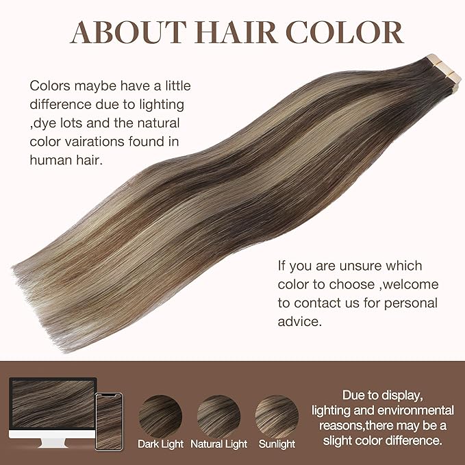 GOO GOO Tape in Hair Extensions Human Hair, 4/26/4 Balayage Chocolate Brown to Honey Blonde, 22inch 50g 20pcs, Skin Weft Seamless Invisible, Silky Straight with Thick Ends, Remy Human Hair