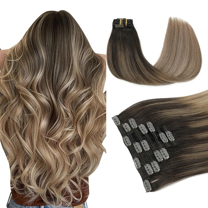 PINKPEARL Clip in Hair Extensions Real Human Hair #2/6/18 Balayage Dark Brown to Chestnut Brown and Ash Blonde 7pcs 120g 16inch Ombre Remy Human Hair Extensios Clip ins(#2/6/18-16)