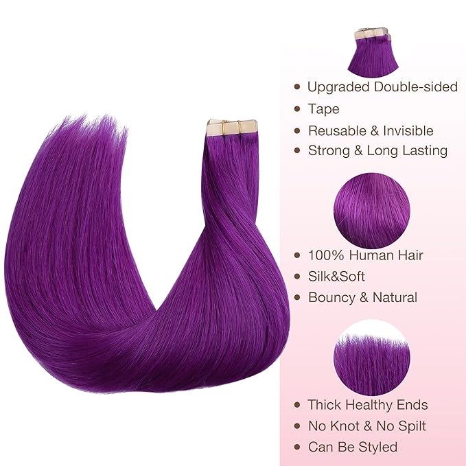 GOO GOO Tape in Hair Extensions Human Hair, Purple, 16inch 25g 10pcs, Colored Tape ins Human Hair Extensions, Silky&Soft Invisible Tape Ins, Hair Highlighted for Party