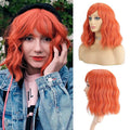 FAELBATY Short orange Wigs With Air Bangs Colorful wig Shoulder Length Women's Short Wig Curly Wavy Synthetic Cosplay Wig Orange Bob Wig for Girl Costume Wigs Orange Color 12"