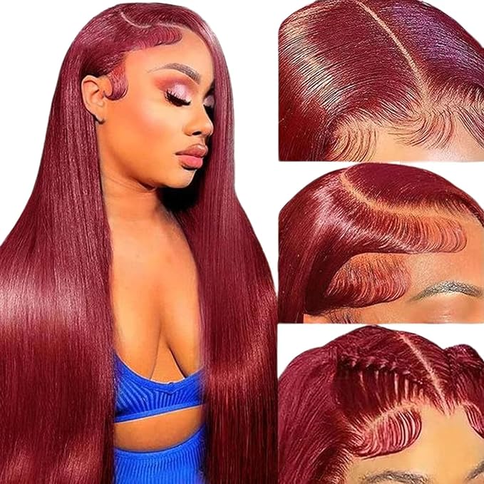 Burgundy Wig Human Hair 20inch 13x6 HD Transparent Lace Straight 99J Red Human Hair Wig Colored Reddish Brown Lace Frontal Wigs 180% Density Pre Plucked