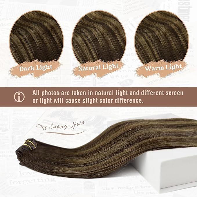 Ve Sunny Human Hair Clip in Extensions Brown Balayage Clip in Hair Extensions Ombre Dark Brown to Caramel Blonde Hair Extensions Real Human Hair Clip in 7pcs 20inch 120g