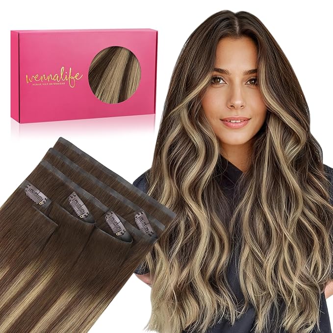 WENNALIFE Invisi Edge & Classic Seamless Clip in Hair Extensions Real Human Hair, 18 Inch 130 7pcs Balayage Chocolate Brown to Caramel Blonde Hair Extensions for Women Invisible Straight Injection