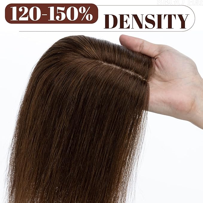 SEGO Real Human Hair Topper for Women, No Bangs Hair Topper with Anti-Slip Clips (16 Inches Medium Brown)