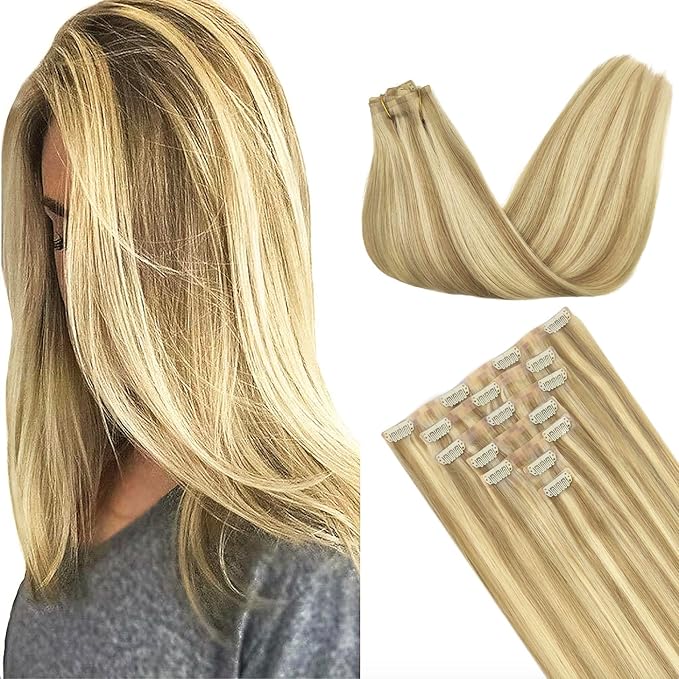 GOO GOO Clip in Hair Extensions Real Human Hair, Remy Human Hair Extensions Clip ins for Women, Natural Human Hair, 20inch 130g 7Pcs, #16/22 Light Blonde Highlighted Golden Blonde