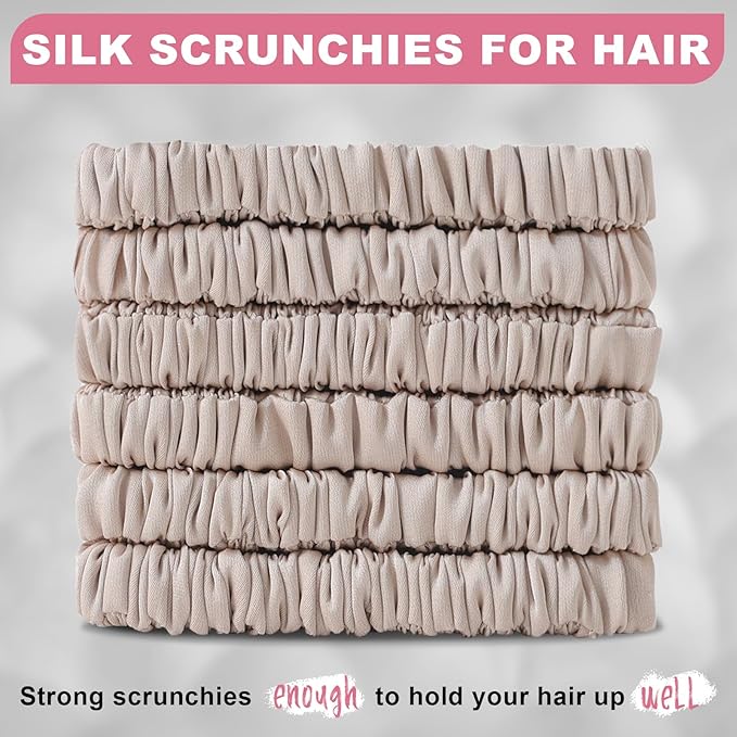 6Pcs Silk Hair Ties Small 22 Momme 100% Pure Mulberry Silk Scrunchies for Women Girls Thin Skinny Hair Sleep Scrunchies No Damage(Color 09)