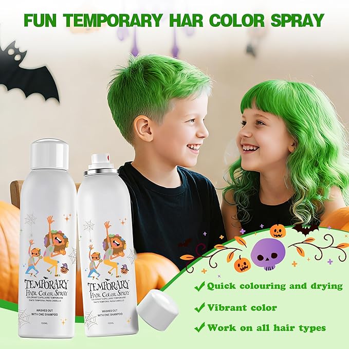 Green Temporary Hair Color Spray for Kids, Instant Colored Hair Dye Alternative for Girls Boys Teens Women Men, Disposable Washable, Quick Styling for Party Cosplay Christmas Halloween, 150ml