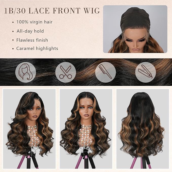 1B/30 Highlight Ombre Brown Body Wave Lace Front Wig Human Hair 13x4 Full Frontal Lace Wig Bleached Tiny Knots Skinlike HD Lace 0.10mm Ultra-thin Invisible 200% Density 32 Inch Black and Brown Colored