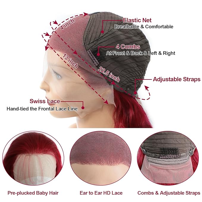 99J Burgundy Lace Front Wigs Human Hair 13x4 Body Wave Lace Front Wigs Pre Plucked Bleached Knots Lace Frontal Wig with Baby Hair 200% Density Red Wig HD Lace Red Wig for Women 28 Inch