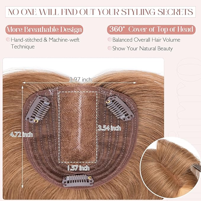 Hairro 100% Human Hair Topper No Bangs, Real Clip in Hair Hairpieces for Women, 3.94x4.72" Silk Base for Thinning Receding High Hairline, 10 Inch Light Brown Middle Part