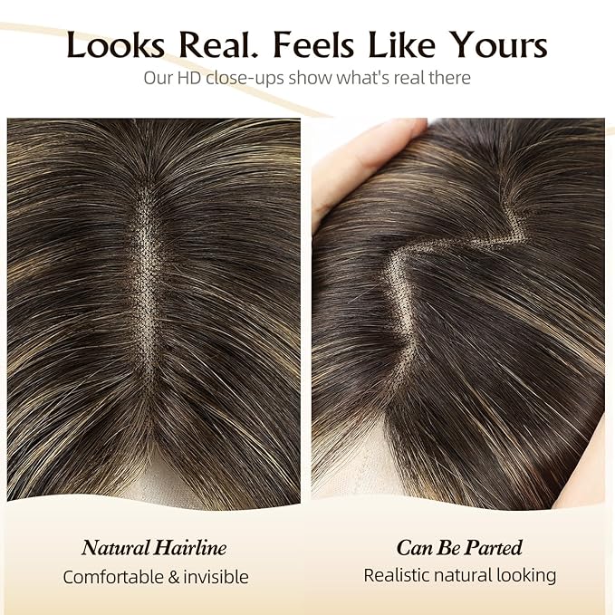 MONO TOP Hair Toppers for Women Human Hair 12 Inch 7"×8" Big Base Partial wig Cover Thinning Hair or Loss No Bangs Top Hair Pieces Natural Wiglets (Dark Brown Highlights)
