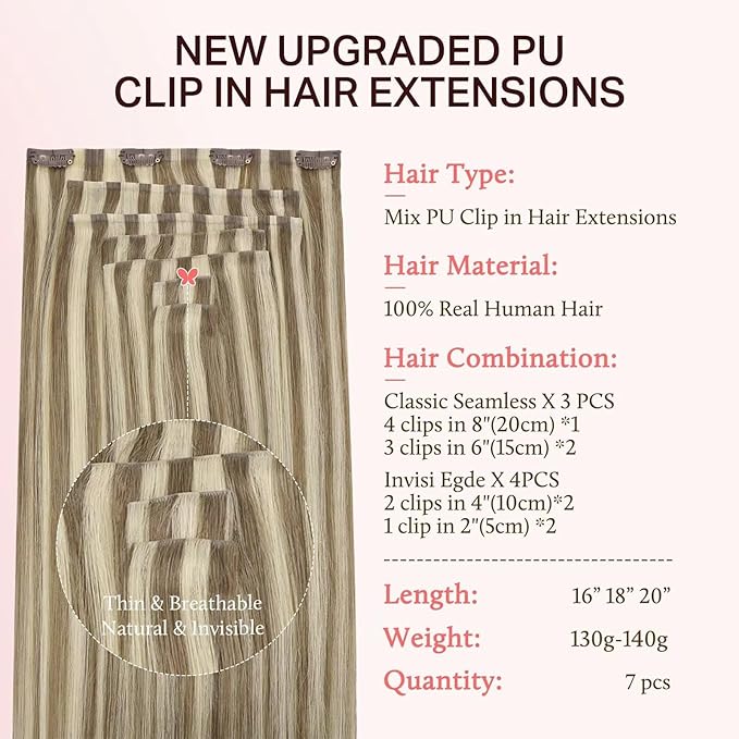 DOORES Clip in Hair Extensions Set 20 Inch 140g, 4pcs Invisi Edge Clip ins and 3pcs Classic Seamless Clip ins, Injected Virgin Real Human Hair Extensions Natural Invisible Straight, #1