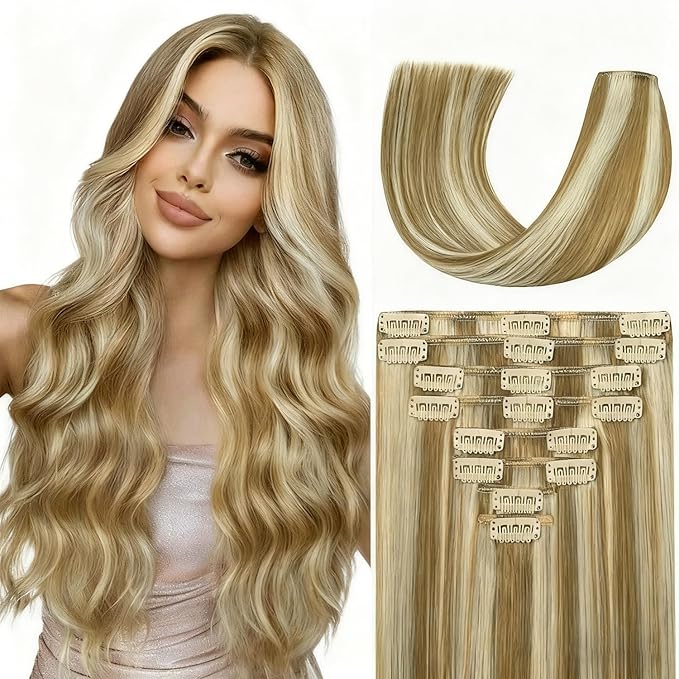 Blonde Clip in Hair Extensions Real Human Hair, 18 Inch 100g Natural Human Hair, Remy Human Hair Extensions Cip ins for Women 8pcs Per Set #16/22 Light Blonde Highlighted Golden Blonde