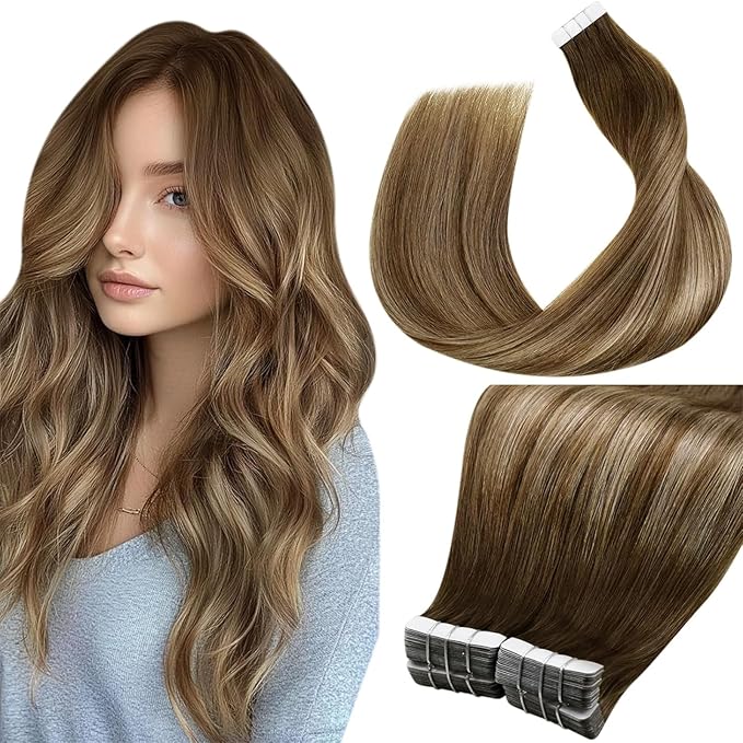 LaaVoo Tape in Hair Extensions Human Hair Balayage Light Brown to Ash Brown Hair Extensions Tape in Seamless Tape on Extension Silky Straight Hair 14 Inch 100g 40pcs